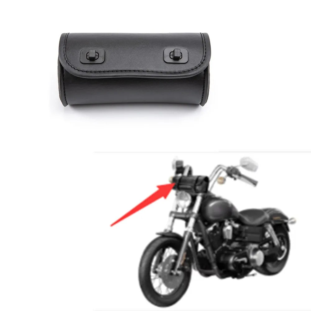 Motorcycle PU Leather Fork Bag – Stylish Handlebar Tool Pouch & Sissy Bar Storage Roll with 2 Adjustable Straps