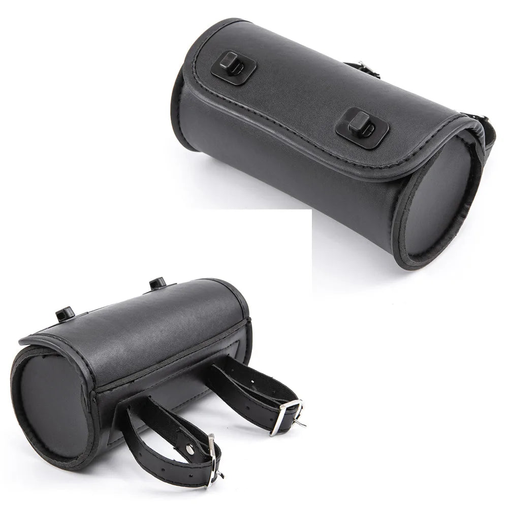 Motorcycle PU Leather Fork Bag – Stylish Handlebar Tool Pouch & Sissy Bar Storage Roll with 2 Adjustable Straps