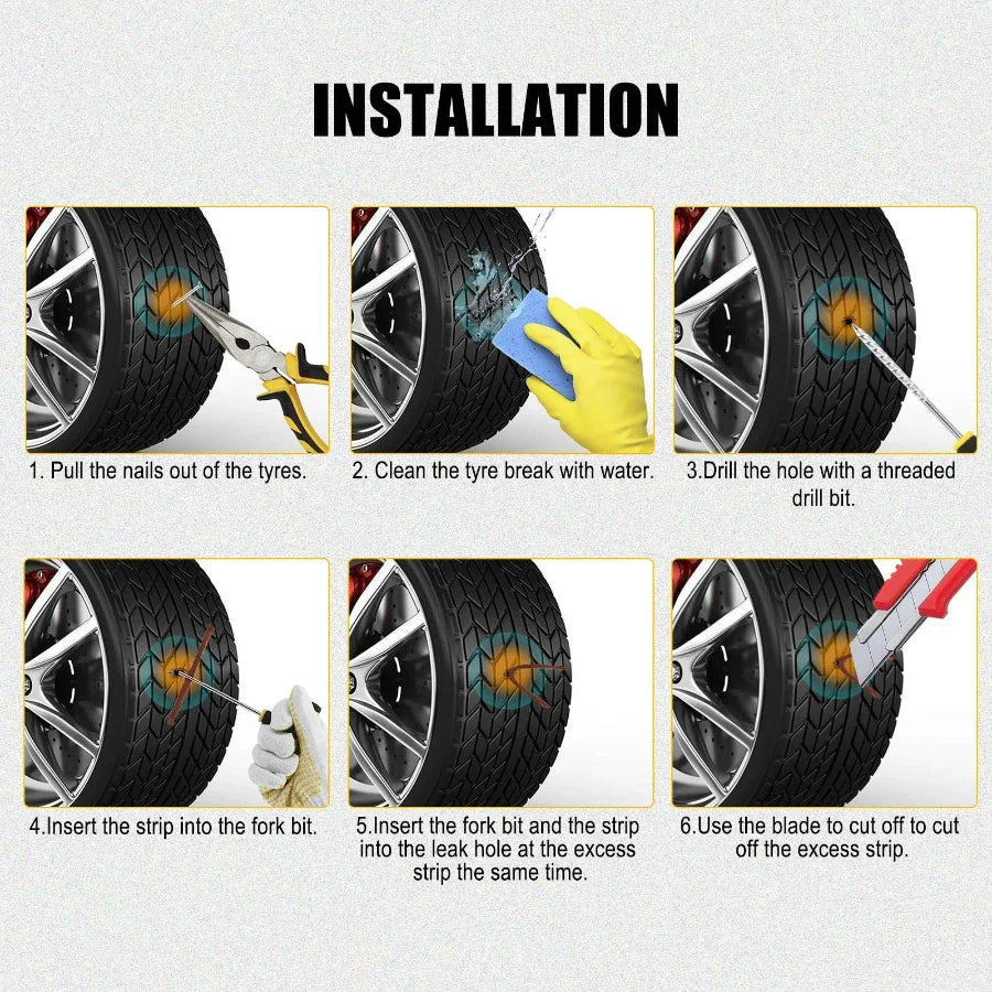 Roadside Tire Repair Kit for Car & Motorcycle – Quick Emergency Puncture Plug & Sealant Tool Set