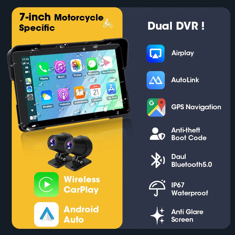 Vtopek Smart Motorcycle GPS & Multimedia Hub (5"/7") – CarPlay, Android Auto, IPX7 Waterproof, Integrated Video Recorder